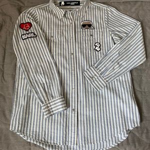 Karl Lagerfeld Women Blue White Strip Button Shirt Size S